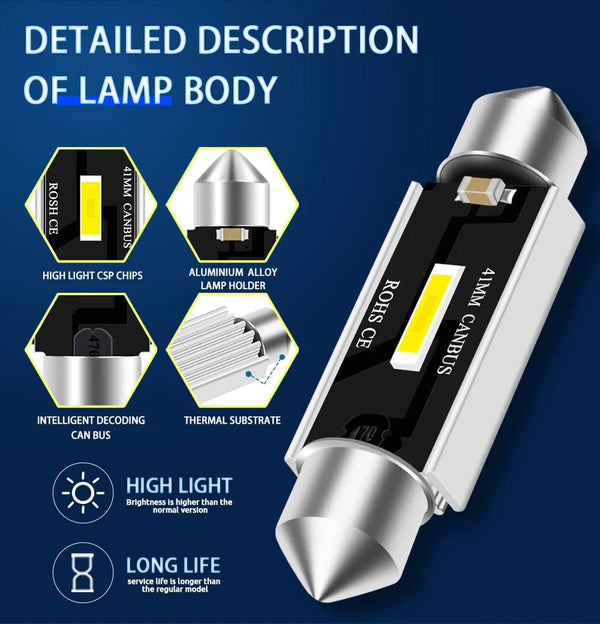 Planet Gates 2PCS Festoon 31mm 36mm 39mm 41mm C5W C10W Super Bright CSP LED Bulbs Car Dome Light Canbus No Error Auto Interior Reading Lamp