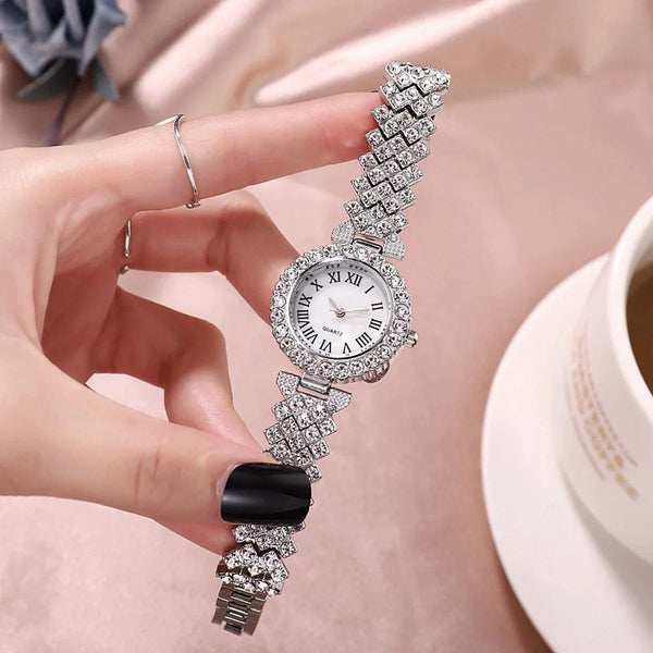 Planet Gates 2pcs Luxury Women Rhinestone Rose Gold Watch Fashion Ladies Quartz Diamond Wristwatch Elegant Female Bracelet Watches Set Gift