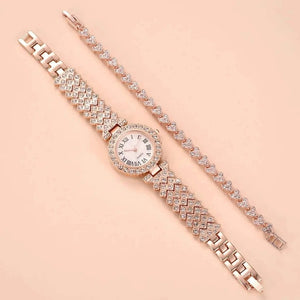 Planet Gates 2pcs Luxury Women Rhinestone Rose Gold Watch Fashion Ladies Quartz Diamond Wristwatch Elegant Female Bracelet Watches Set Gift