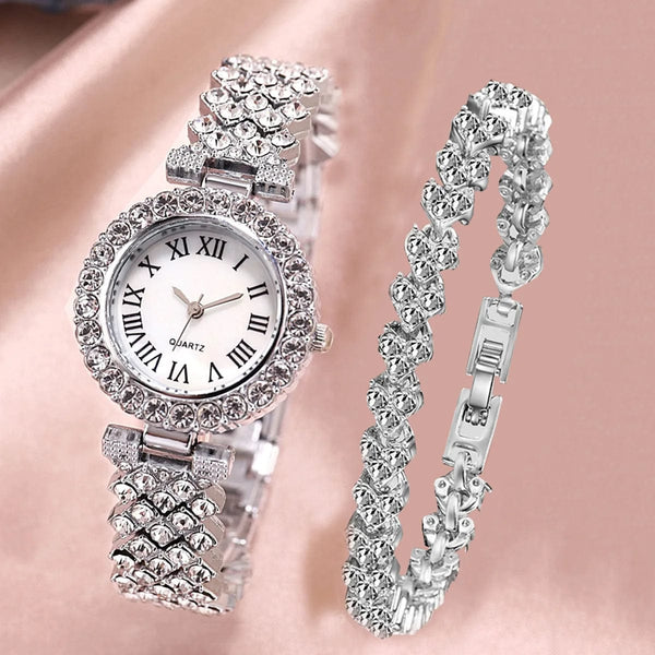 Planet Gates 2pcs Luxury Women Rhinestone Rose Gold Watch Fashion Ladies Quartz Diamond Wristwatch Elegant Female Bracelet Watches Set Gift