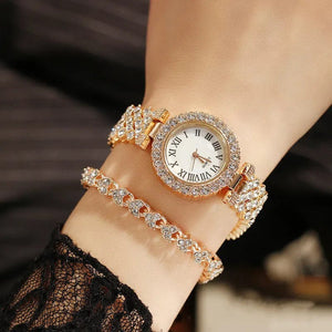 Planet Gates 2pcs Luxury Women Rhinestone Rose Gold Watch Fashion Ladies Quartz Diamond Wristwatch Elegant Female Bracelet Watches Set Gift