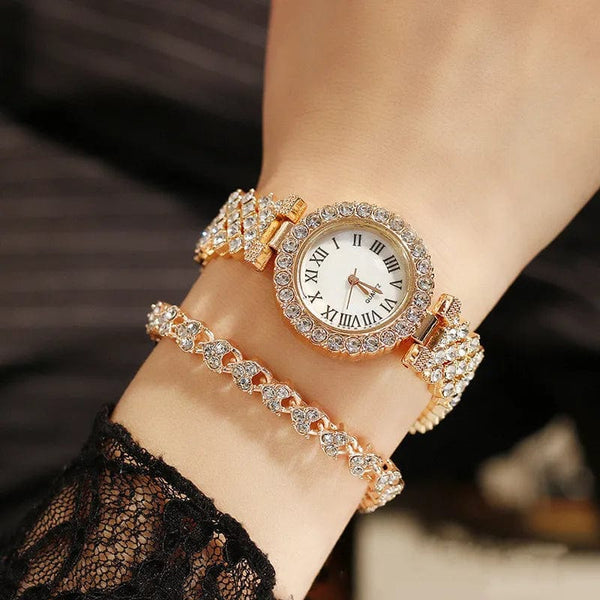 Planet Gates 2pcs Luxury Women Rhinestone Rose Gold Watch Fashion Ladies Quartz Diamond Wristwatch Elegant Female Bracelet Watches Set Gift