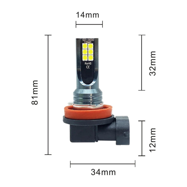 Planet Gates 2Pcs New H8 H16 JP Led H11 9005 HB3 9006 HB4 3030 12SMD Car LED Fog Light Bulbs 6000K White Auto Lamp Day Running Light 12000LM