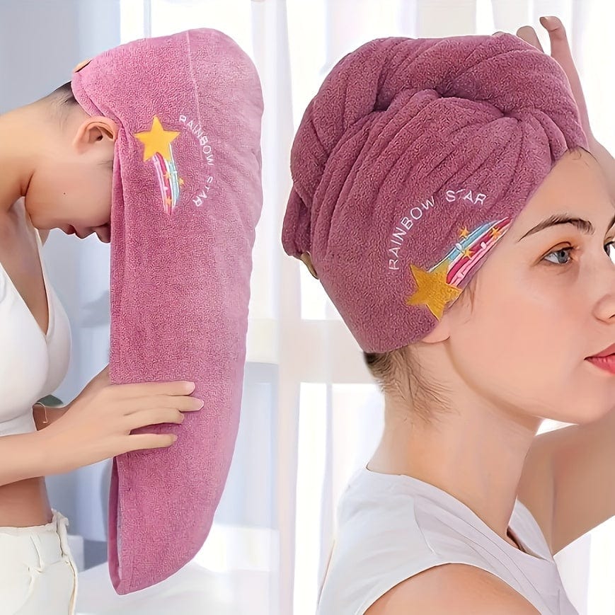 Planet Gates 2PCS purple 1/2pcs Hair Towel With Button, Soft Hair Drying Cap, Hair Towel With Embroidery For Bathroom, Super Absorbent Hair Wrap Towel, Shower Cap For Women, Bathroom Supplies, Bathroom Accessories