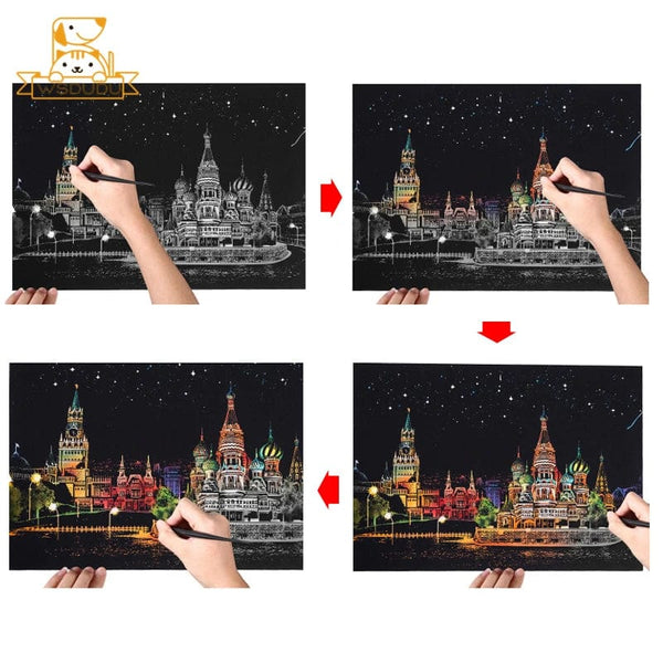 Planet Gates 2PCS Scratch Paper Magic Painting Kit Art Night Scene World Landmarks Animals Drawing Toys with Pen Crafts Card Game Adult Gifts