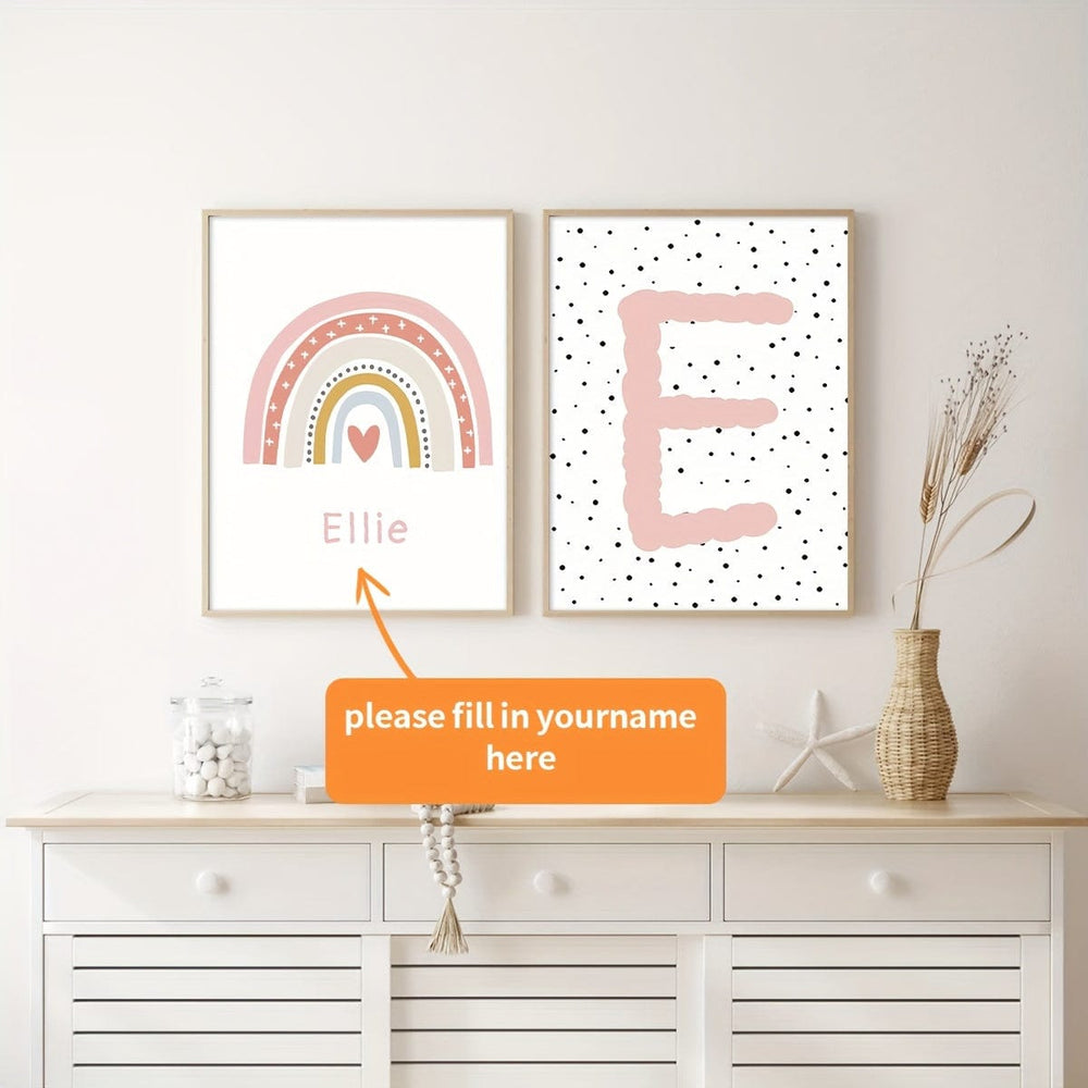 Planet Gates 2pcs/set Unframed Personalized Name Canvas Poster Wall Art, Cute Rainbow Custom Name Poster For Home Decor, Canvas Prints For Living Room Bedroom Kitchen Decor, Birthday Gift And Decoration