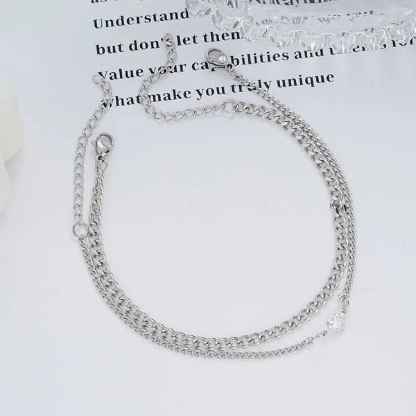 Planet Gates 2PCS Simple Fashion Stainless Steel Bracelet Set for Couple Unisex Women Men Lover Crystal Heart Silvery Chain Bracelets Jewelry