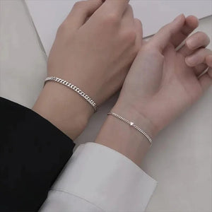 Planet Gates 2PCS Simple Fashion Stainless Steel Bracelet Set for Couple Unisex Women Men Lover Crystal Heart Silvery Chain Bracelets Jewelry