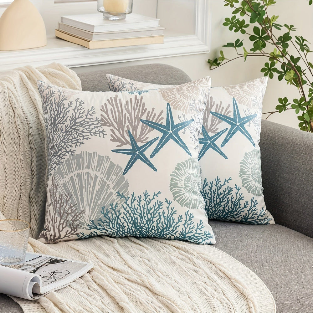 Planet Gates 2pcs Super Soft Nautical Coastal Throw Pillow Covers Ocean Themed Beach Seashell Coral Starfish Couch Pillow Cases Outdoor Sofa Cushion Cover Modern Decor For Bed Living Room, 18" X 18"