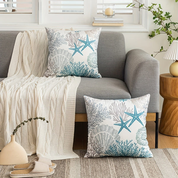 Planet Gates 2pcs Super Soft Nautical Coastal Throw Pillow Covers Ocean Themed Beach Seashell Coral Starfish Couch Pillow Cases Outdoor Sofa Cushion Cover Modern Decor For Bed Living Room, 18" X 18"