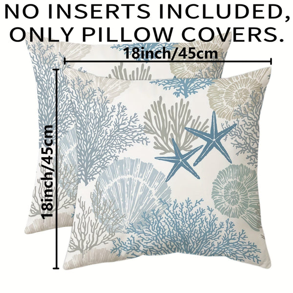 Planet Gates 2pcs Super Soft Nautical Coastal Throw Pillow Covers Ocean Themed Beach Seashell Coral Starfish Couch Pillow Cases Outdoor Sofa Cushion Cover Modern Decor For Bed Living Room, 18" X 18"
