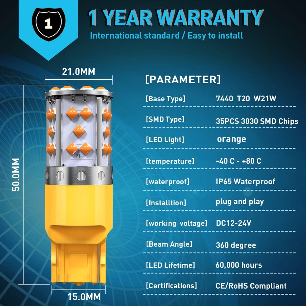 Żarówka LED Planet Gates WY2W Canbus 21 szt., brak błędów, brak efektu Hyper Flash, kierunkowskazy, 3030 SMD T20 7440 W21W 1156, ba15s, 12 V, pomarańczowa