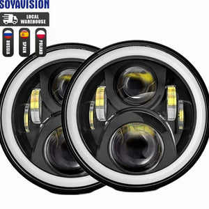 Planet Gates 2x Car 7 Inch Led Headlight Hi/Low H4 Halo Angle Eyes DRL For Jeep JK TJ OffRoad Defender Hummer 4x4 Suzuki Samurai Headlamp
