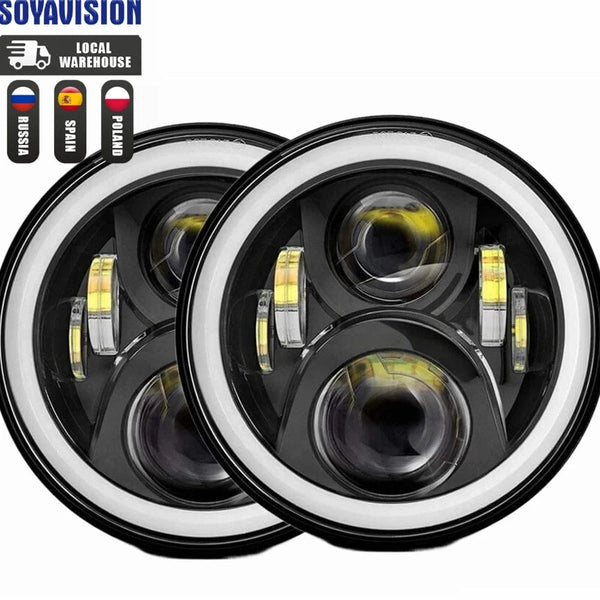Planet Gates 2x Car 7 Inch Led Headlight Hi/Low H4 Halo Angle Eyes DRL For Jeep JK TJ OffRoad Defender Hummer 4x4 Suzuki Samurai Headlamp