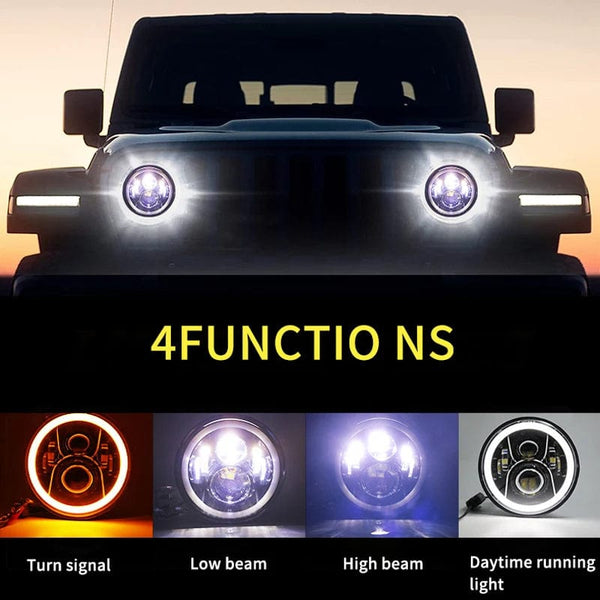 Planet Gates 2x Car 7 Inch Led Headlight Hi/Low H4 Halo Angle Eyes DRL For Jeep JK TJ OffRoad Defender Hummer 4x4 Suzuki Samurai Headlamp