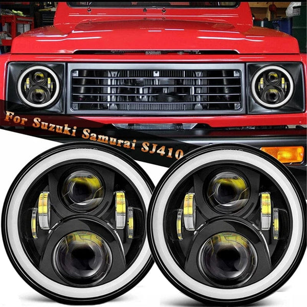 Planet Gates 2x Car 7 Inch Led Headlight Hi/Low H4 Halo Angle Eyes DRL For Jeep JK TJ OffRoad Defender Hummer 4x4 Suzuki Samurai Headlamp