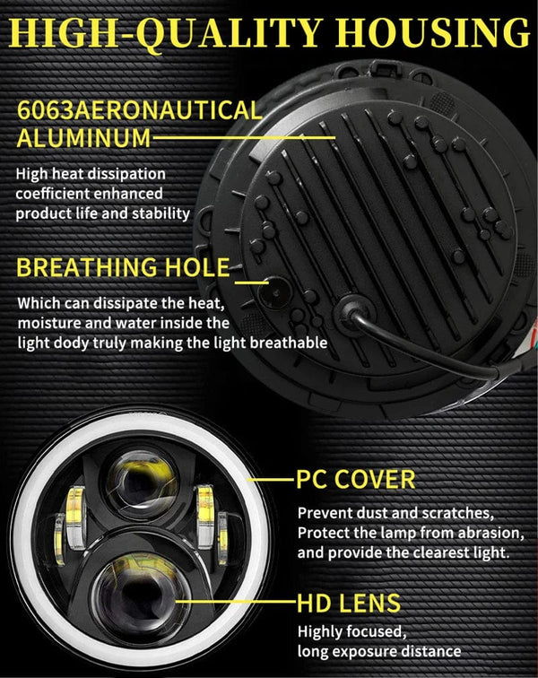 Planet Gates 2x Car 7 Inch Led Headlight Hi/Low H4 Halo Angle Eyes DRL For Jeep JK TJ OffRoad Defender Hummer 4x4 Suzuki Samurai Headlamp