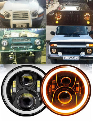 Planet Gates 2x Car 7 Inch Led Headlight Hi/Low H4 Halo Angle Eyes DRL For Jeep JK TJ OffRoad Defender Hummer 4x4 Suzuki Samurai Headlamp