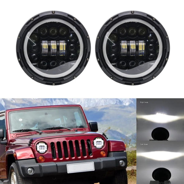 Planet Gates 2x Car 7 Inch Led Headlight Hi/Low H4 Halo Angle Eyes DRL For Jeep JK TJ OffRoad Defender Hummer 4x4 Suzuki Samurai Headlamp