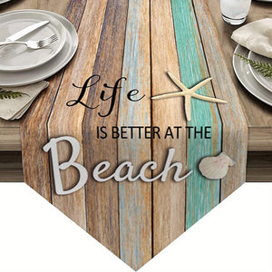 Planet Gates 3 1pc Vintage Ocean Style Encrypted Linen Table Runner, Summer Style Seahorse/Starfish/Seashell/Sand/Conch Table Runner, Tabletop Protection, Perfect For Kitchen Restaurant Dining Wedding Party Supplies