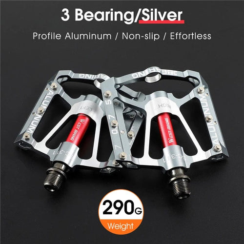 Planet Gates 3 Bearings Silver WEST BIKING Bicycle Pedals 3 Bearings Non-Slip MTB Pedals Aluminum Alloy Flat Applicable Waterproof Bicycle Accessories