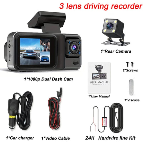 Planet Gates 3 Channel-BL / With 32G TF Card 3 Channel Dash Cam for Cars Camera Black Box 1080P Video Recorder Rear View Camera for Vehicle Car DVR car accessories
