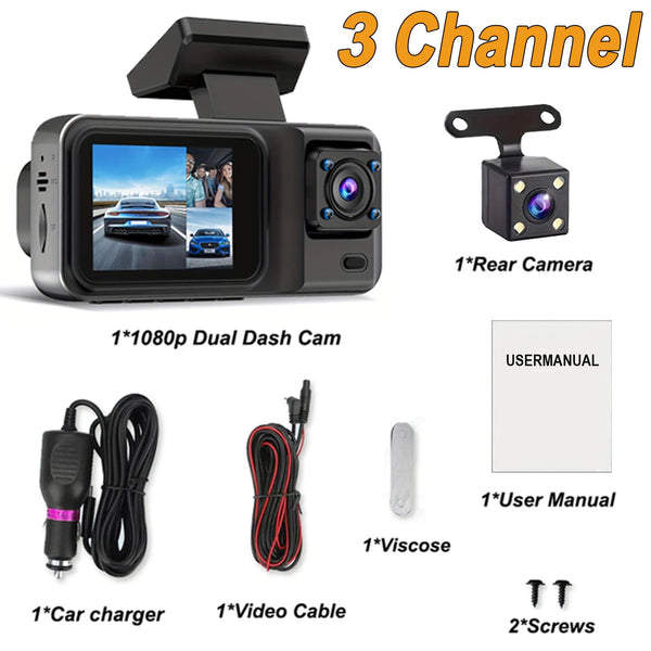 Planet Gates 3 Channel-BL / With 32G TF Card 3 Channel Dash Cam for Cars Camera Black Box 1080P Video Recorder Rear View Camera for Vehicle Car DVR car accessories