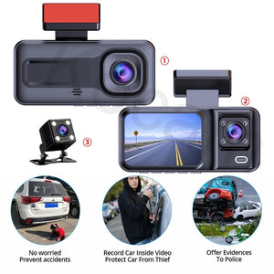 Planet Gates 3 Channel-BL / With 32G TF Card 3 Channel Dash Cam for Cars Camera Black Box 1080P Video Recorder Rear View Camera for Vehicle Car DVR car accessories