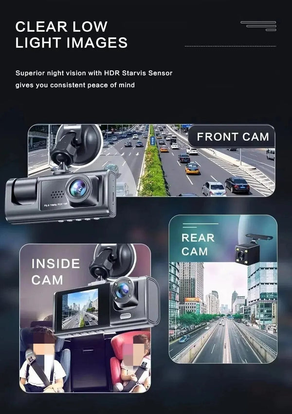 Planet Gates 3 Channel Car DVR HD 1080P 3-Lens Inside Vehicle Dash CamThree Way Camera DVRs Recorder Video Registrator Dashcam Camcorder