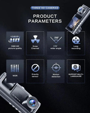 Planet Gates 3 Channel Car DVR HD 1080P 3-Lens Inside Vehicle Dash CamThree Way Camera DVRs Recorder Video Registrator Dashcam Camcorder