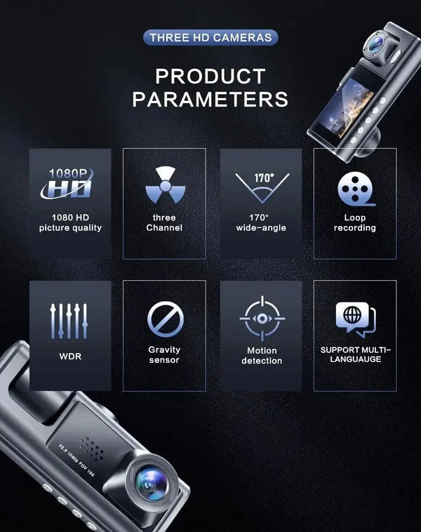 Planet Gates 3 Channel Car DVR HD 1080P 3-Lens Inside Vehicle Dash CamThree Way Camera DVRs Recorder Video Registrator Dashcam Camcorder