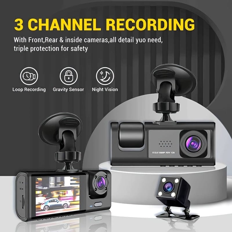 Planet Gates 3 Channel Dash Cam Front And Rear Inside, 1080P Dash Cam IR Night Vision, Loop Recording Car DVR Camera 3 Lens With 5.08 Cm IPS Screen 3 Cameras Car Dashcam, Car Black Box Recording At Same Time