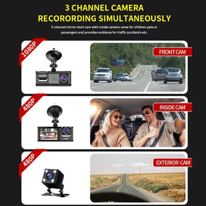 Planet Gates 3 Channel Dash Cam Front And Rear Inside, 1080P Dash Cam IR Night Vision, Loop Recording Car DVR Camera 3 Lens With 5.08 Cm IPS Screen 3 Cameras Car Dashcam, Car Black Box Recording At Same Time