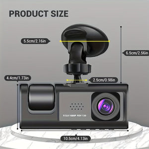 Planet Gates 3 Channel Dash Cam Front And Rear Inside, 1080P Dash Cam IR Night Vision, Loop Recording Car DVR Camera 3 Lens With 5.08 Cm IPS Screen 3 Cameras Car Dashcam, Car Black Box Recording At Same Time