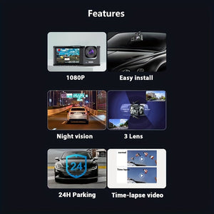Planet Gates 3 Channel Dash Cam Front And Rear Inside, 1080P Dash Cam IR Night Vision, Loop Recording Car DVR Camera 3 Lens With 5.08 Cm IPS Screen 3 Cameras Car Dashcam, Car Black Box Recording At Same Time