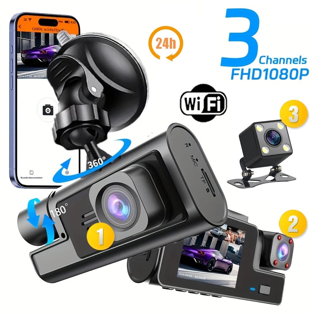 3 Channel WiFi Dash Cam Rear View Camera W/ IR Night Vision Loop Recor