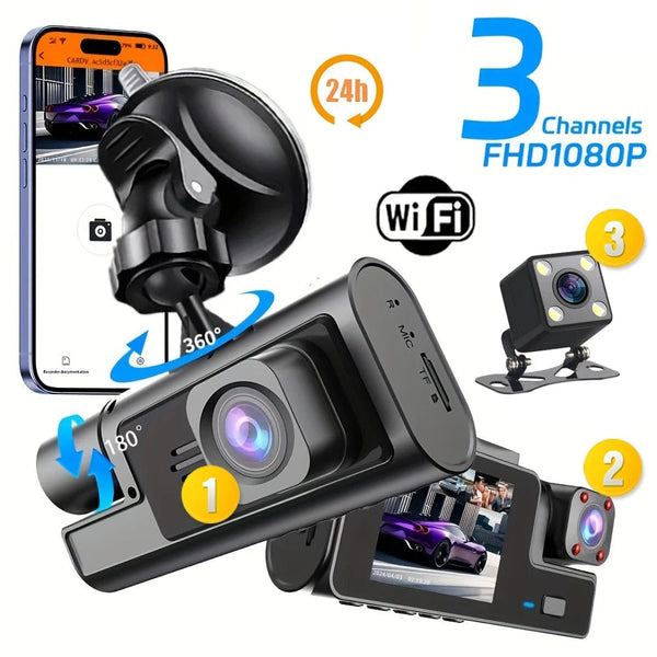 Planet Gates 3 Channel WiFi Dash Cam Rear View Camera W/ IR Night Vision Loop Recording & 3" IPS Screen 1080P 3 Camera Car DVR car accessory