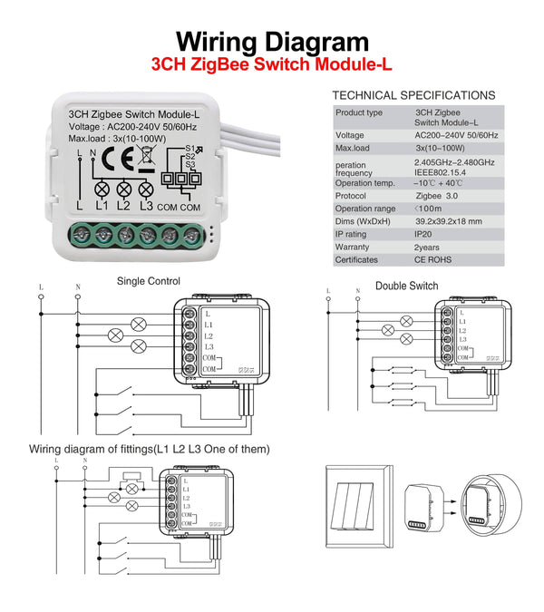 Planet Gates 3-Gang GIRIER Tuya ZigBee 3.0 Smart Switch Module No Neutral Wire Required Smart Home DIY Light Breaker Works with Alexa Google Home