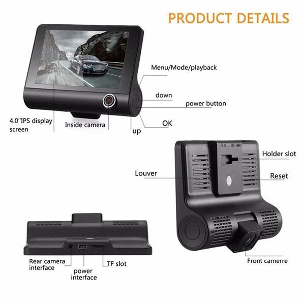 Planet Gates 3 Lens / 32G 4 inch Black Box Car DVR Dashcam Dash Camera IPS HD Screen 1080P Dual Lens Video Recorder Front + Interior View Camera Dash Cam