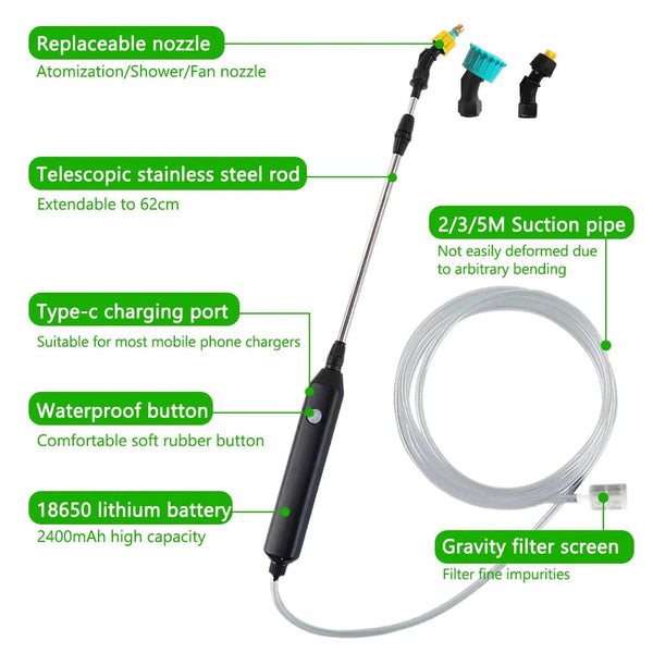 Planet Gates 3 meters 5 in 1 Portable Electric Gardening Sprayer Irrigation Tool USB 2400mah Rechargeable Telescopic Handle with 3 Nozzles for Yard Plant