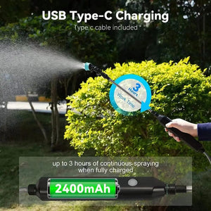 Planet Gates 3 meters 5 in 1 Portable Electric Gardening Sprayer Irrigation Tool USB 2400mah Rechargeable Telescopic Handle with 3 Nozzles for Yard Plant