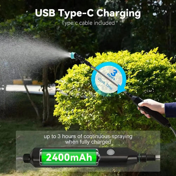 Planet Gates 3 meters 5 in 1 Portable Electric Gardening Sprayer Irrigation Tool USB 2400mah Rechargeable Telescopic Handle with 3 Nozzles for Yard Plant