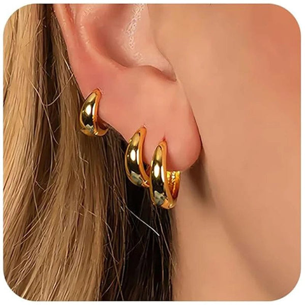 Planet Gates 3 Pairs Chunky Gold Color Hoop Earrings Set for Women Girls 2024 Trend Jewelry Stackable Piercing Dainty Twist Cuff Earring