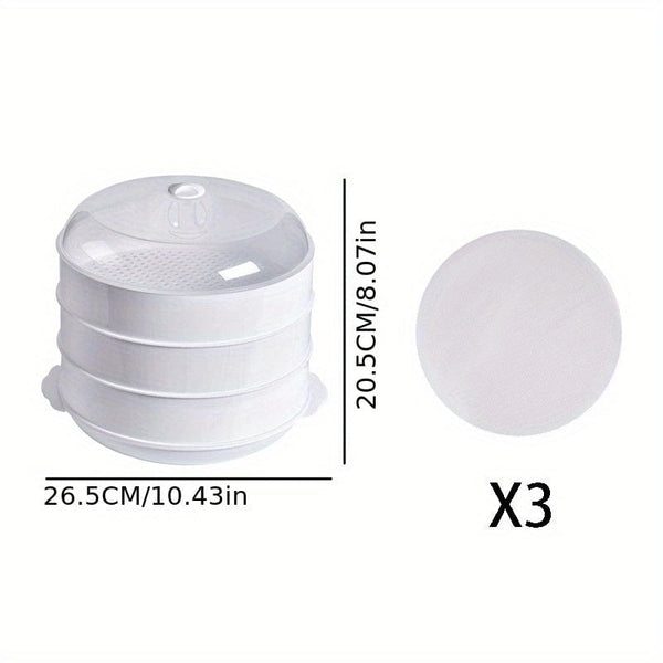 Planet Gates 3 Tiers (with 3 Steamer Mats) 1 Set Microwave Oven Special Steamer With Steamer Pad, Splash Proof, Steamed Rice, Multi-layer Steamer, For Fast Heating, Mantou, Buns, Dumplings, Cookware