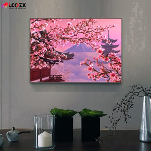 Planet Gates 30*40CM 1pc Sakura Artificial Diamond Painting, Japanese Fuji Mountain Cherry Blossom Flowers DIY Pink Rhinestones Faux Diamond Paintings Kit, For Home Room Decor Gifts (29.97*39.88cm)