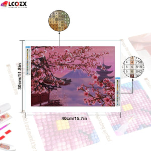 Planet Gates 30*40CM 1pc Sakura Artificial Diamond Painting, Japanese Fuji Mountain Cherry Blossom Flowers DIY Pink Rhinestones Faux Diamond Paintings Kit, For Home Room Decor Gifts (29.97*39.88cm)