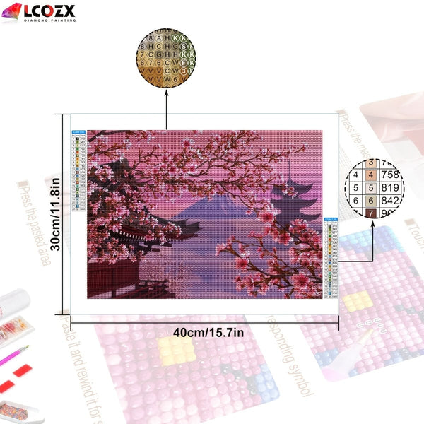 Planet Gates 30*40CM 1pc Sakura Artificial Diamond Painting, Japanese Fuji Mountain Cherry Blossom Flowers DIY Pink Rhinestones Faux Diamond Paintings Kit, For Home Room Decor Gifts (29.97*39.88cm)