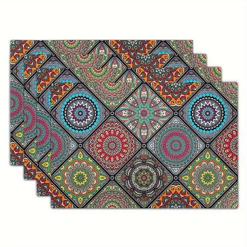 Planet Gates 30.48 X 45.72 Cm 4pcs, Boho Mandala Placemats, Mexican Ethnic Traditional Pattern With Geometric Plaids, Bohemian Flower, Washable Table Place Mats, For Dining, Kitchen, Party