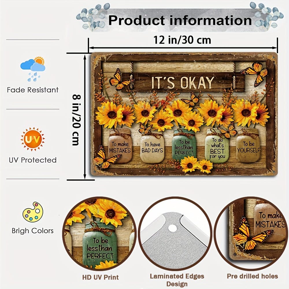 Planet Gates 30.48x20.32 cm Sunflower Butterfly Metal Tin Sign Vintage Style Decor Plaque for Home Room Restaurant Bar Cafe Garage Wall Decor Waterproof Dust-proof