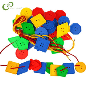 Planet Gates 30Button Block 2Rope 30 Pcs Montessori Toys Educational Toys for Children Early Learning Geometric Blocks Threading Buttons Teaching Aids GYH